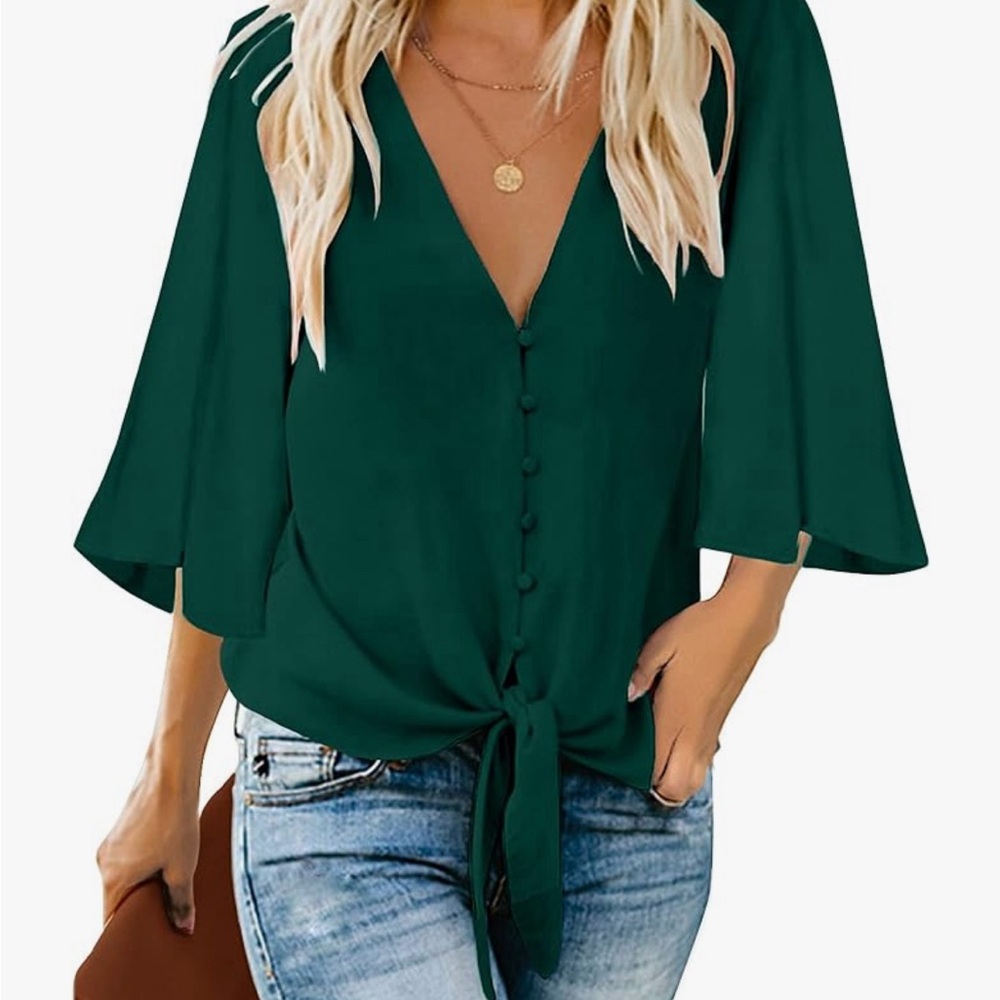 Green tie knot 3/4 sleeve button down blouse